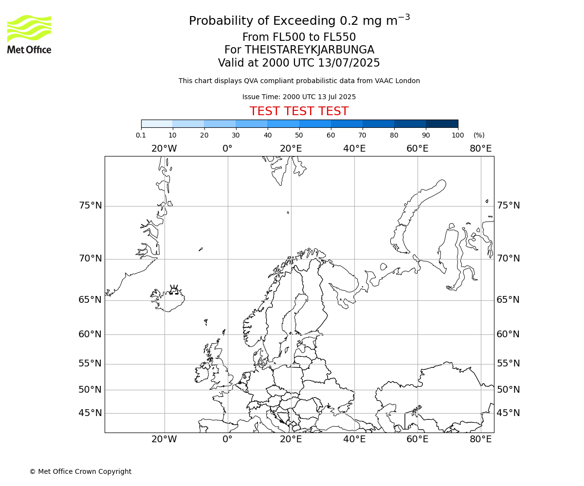 Probability of exceeding 0.2 milligrams per metre cubed. From 500 to 550 for THEISTAREYKJARBUNGA. Valid at 2000 UTC 13/07/2025