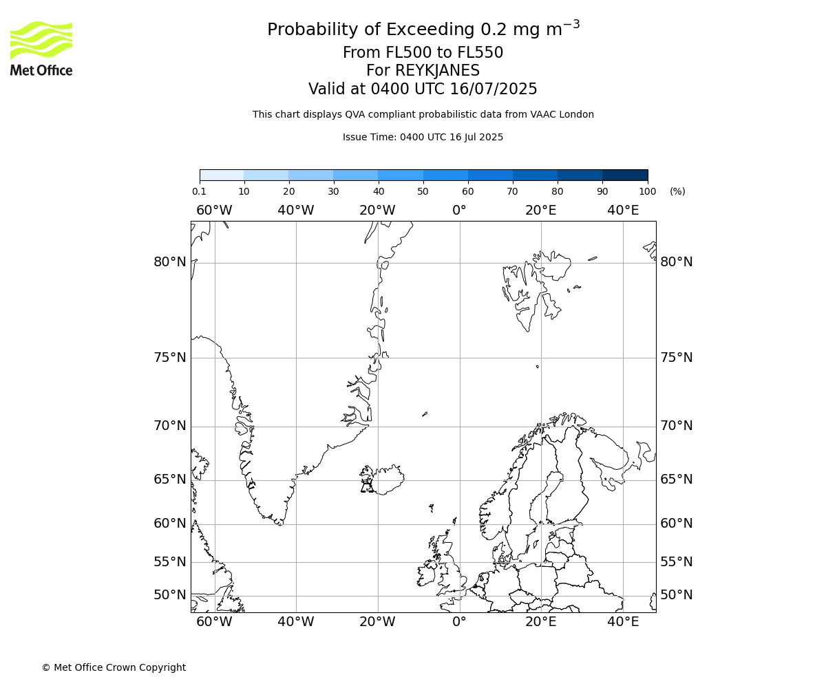 Probability of exceeding 0.2 milligrams per metre cubed. From 500 to 550 for REYKJANES. Valid at 0400 UTC 16/07/2025