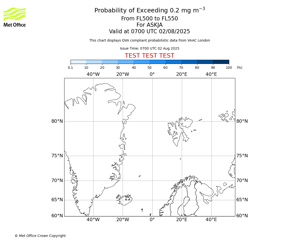 Probability of exceeding 0.2 milligrams per metre cubed. From 500 to 550 for ASKJA. Valid at 0700 UTC 02/08/2025
