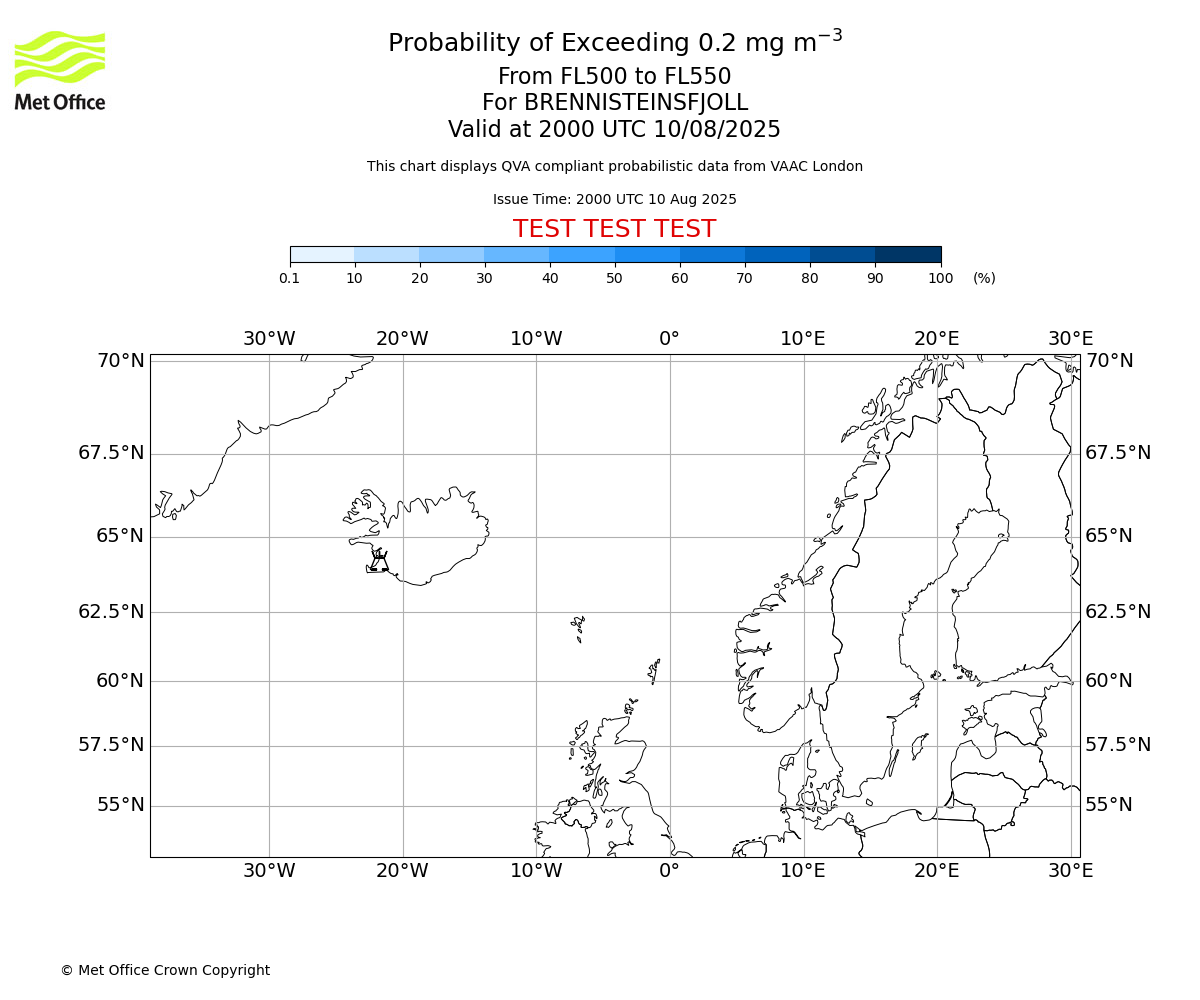 Probability of exceeding 0.2 milligrams per metre cubed. From 500 to 550 for BRENNISTEINSFJOLL. Valid at 2000 UTC 10/08/2025