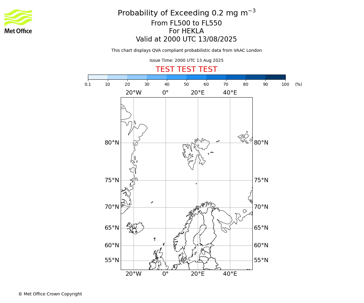 Probability of exceeding 0.2 milligrams per metre cubed. From 500 to 550 for HEKLA. Valid at 2000 UTC 13/08/2025