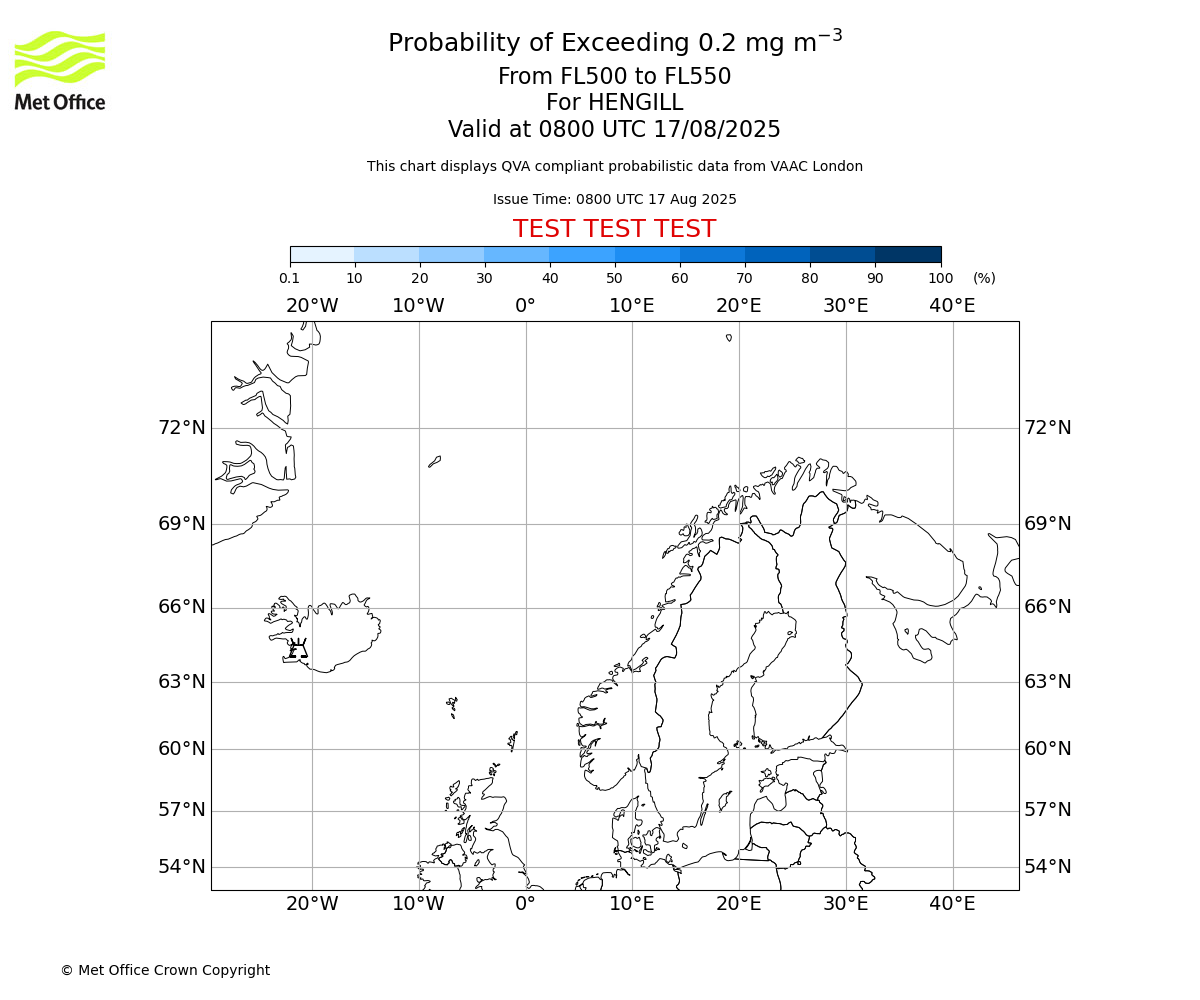 Probability of exceeding 0.2 milligrams per metre cubed. From 500 to 550 for HENGILL. Valid at 0800 UTC 17/08/2025