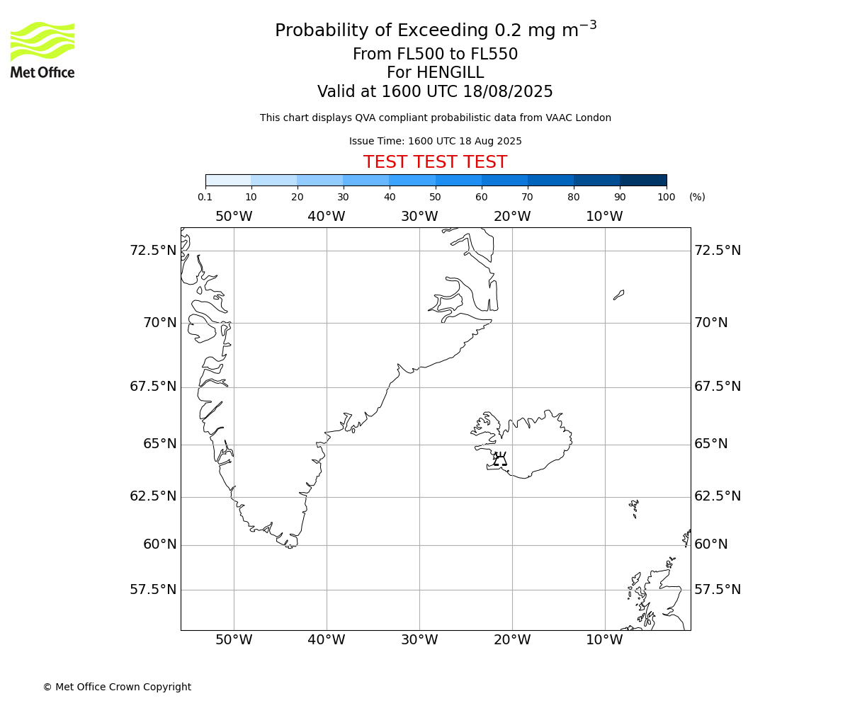 Probability of exceeding 0.2 milligrams per metre cubed. From 500 to 550 for HENGILL. Valid at 1600 UTC 18/08/2025