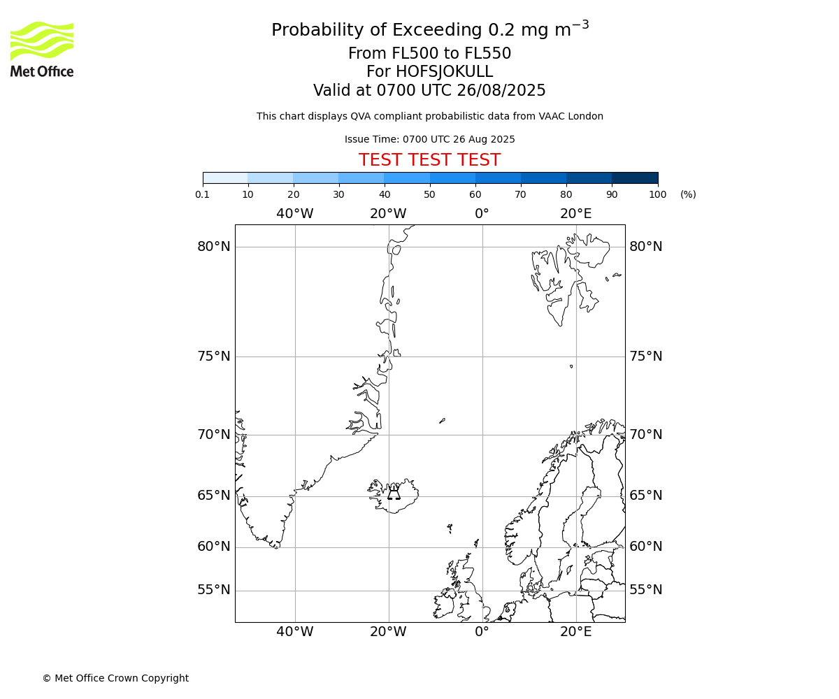 Probability of exceeding 0.2 milligrams per metre cubed. From 500 to 550 for HOFSJOKULL. Valid at 0700 UTC 26/08/2025