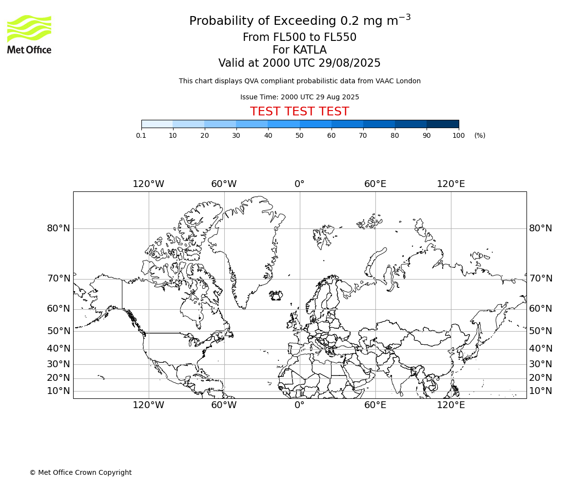 Probability of exceeding 0.2 milligrams per metre cubed. From 500 to 550 for KATLA. Valid at 2000 UTC 29/08/2025