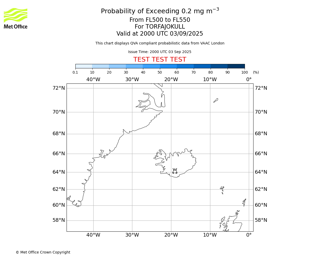 Probability of exceeding 0.2 milligrams per metre cubed. From 500 to 550 for TORFAJOKULL. Valid at 2000 UTC 03/09/2025