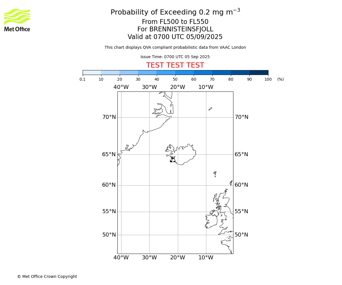 Probability of exceeding 0.2 milligrams per metre cubed. From 500 to 550 for BRENNISTEINSFJOLL. Valid at 0700 UTC 05/09/2025