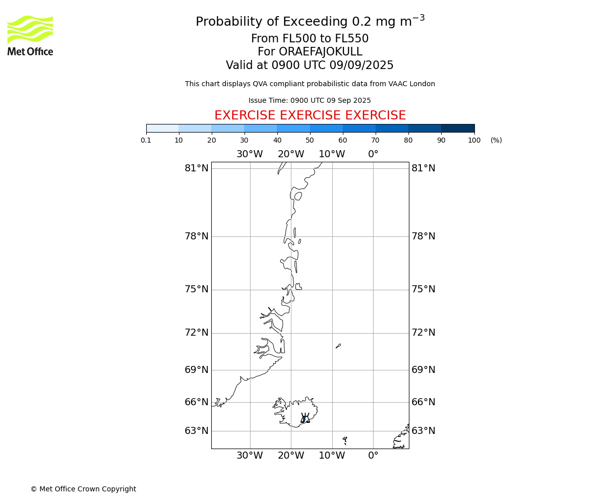 Probability of exceeding 0.2 milligrams per metre cubed. From 500 to 550 for ORAEFAJOKULL. Valid at 0900 UTC 09/09/2025