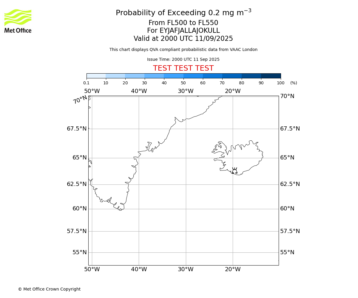Probability of exceeding 0.2 milligrams per metre cubed. From 500 to 550 for EYJAFJALLAJOKULL. Valid at 2000 UTC 11/09/2025