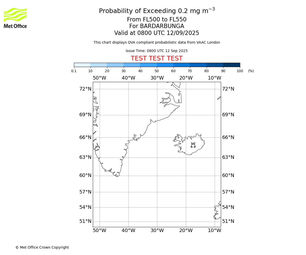 Probability of exceeding 0.2 milligrams per metre cubed. From 500 to 550 for BARDARBUNGA. Valid at 0800 UTC 12/09/2025