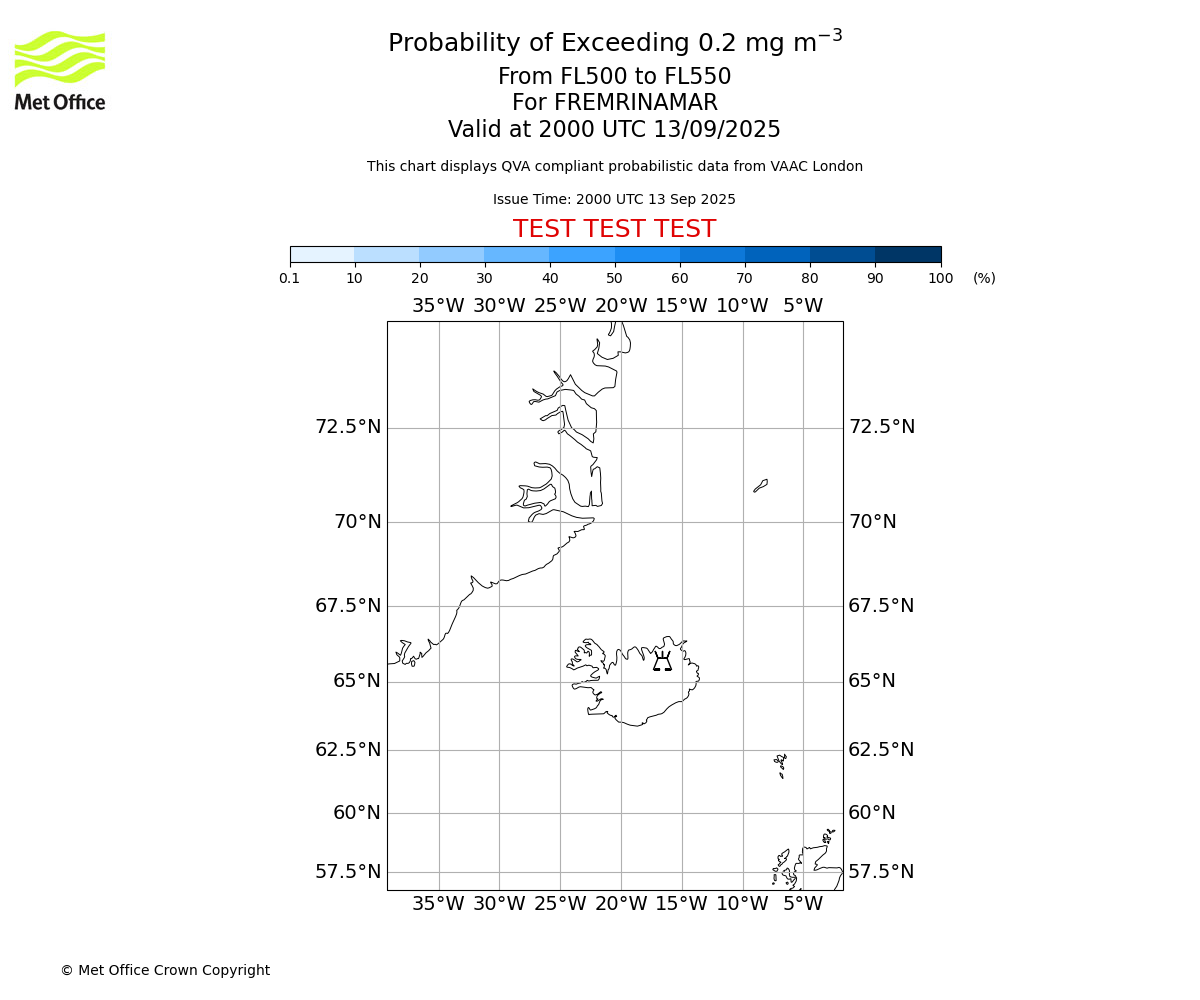 Probability of exceeding 0.2 milligrams per metre cubed. From 500 to 550 for FREMRINAMAR. Valid at 2000 UTC 13/09/2025