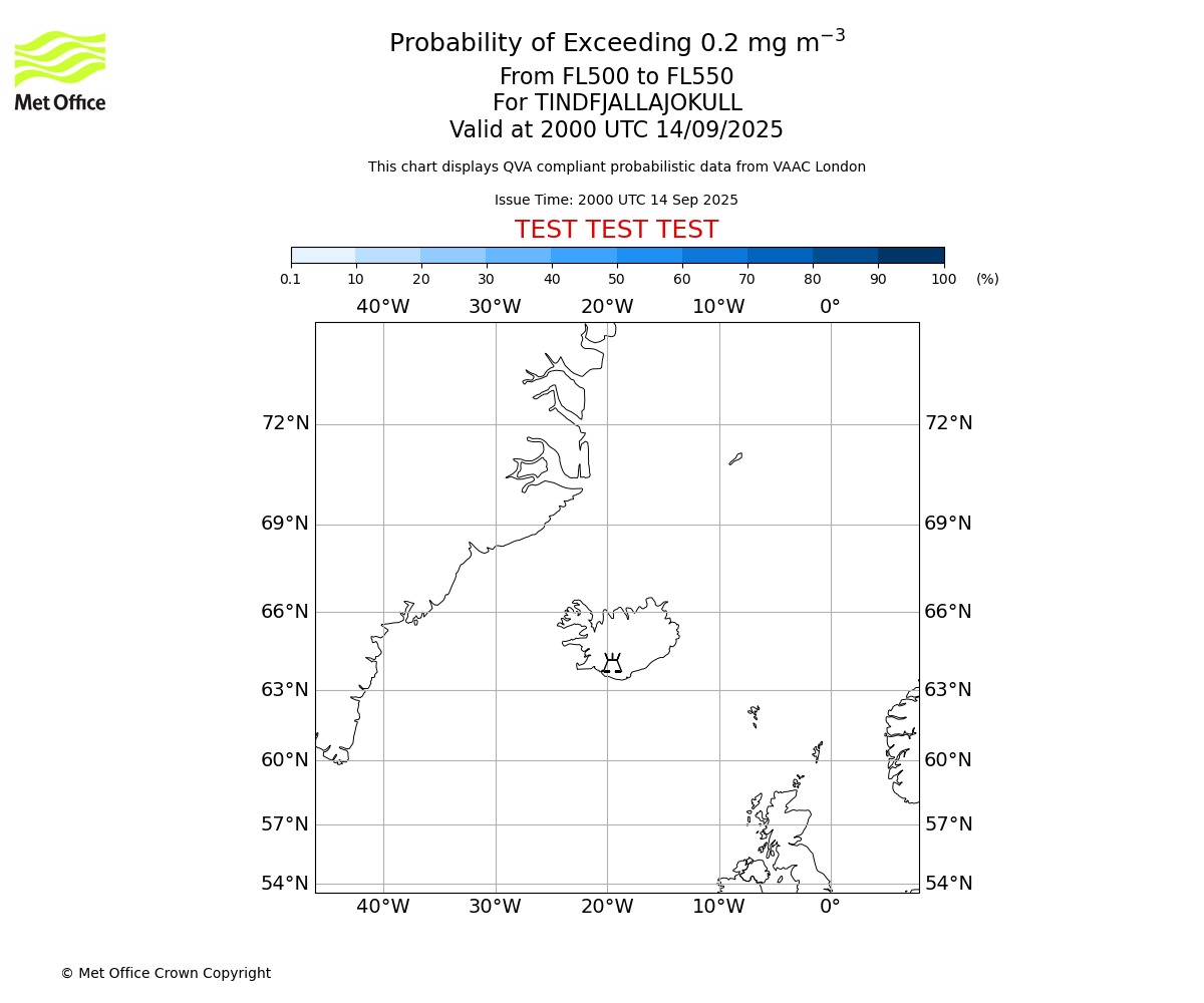 Probability of exceeding 0.2 milligrams per metre cubed. From 500 to 550 for TINDFJALLAJOKULL. Valid at 2000 UTC 14/09/2025