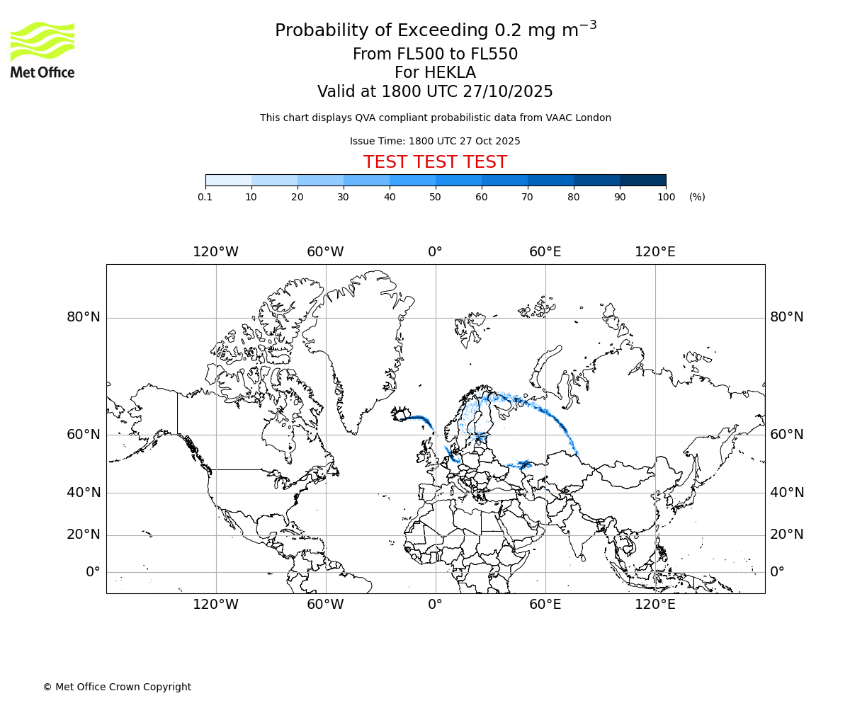 Probability of exceeding 0.2 milligrams per metre cubed. From 500 to 550 for HEKLA. Valid at 1800 UTC 27/10/2025