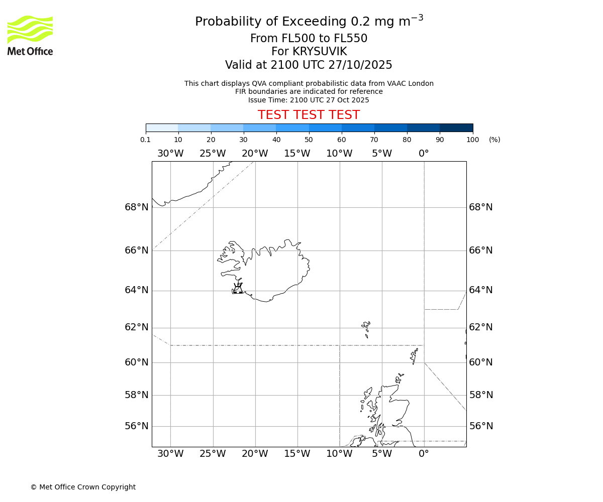 Probability of exceeding 0.2 milligrams per metre cubed. From 500 to 550 for KRYSUVIK. Valid at 2100 UTC 27/10/2025