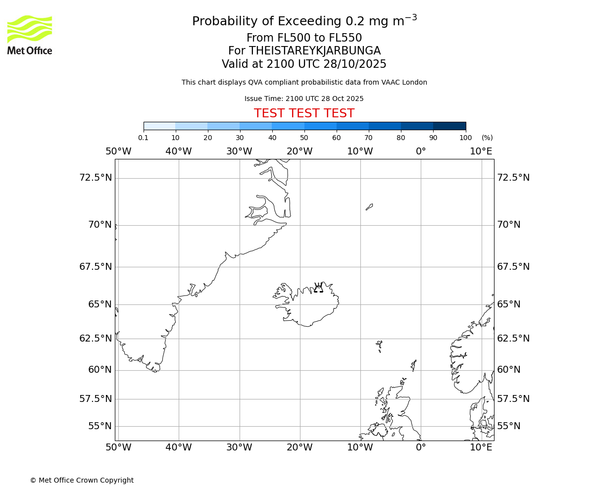 Probability of exceeding 0.2 milligrams per metre cubed. From 500 to 550 for THEISTAREYKJARBUNGA. Valid at 2100 UTC 28/10/2025