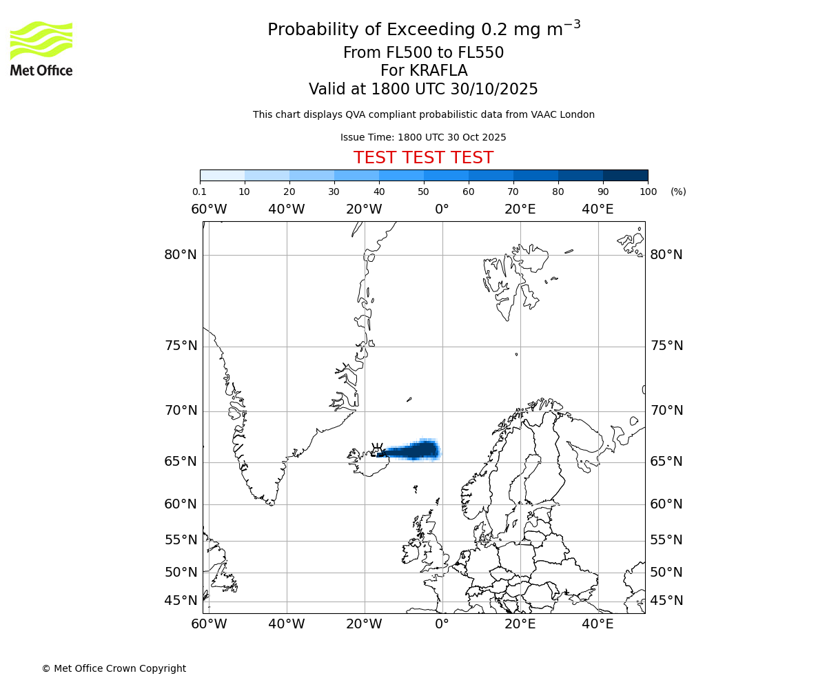 Probability of exceeding 0.2 milligrams per metre cubed. From 500 to 550 for KRAFLA. Valid at 1800 UTC 30/10/2025