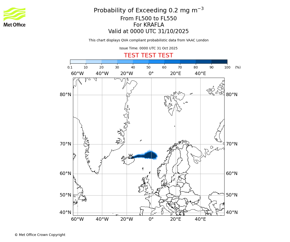 Probability of exceeding 0.2 milligrams per metre cubed. From 500 to 550 for KRAFLA. Valid at 0000 UTC 31/10/2025