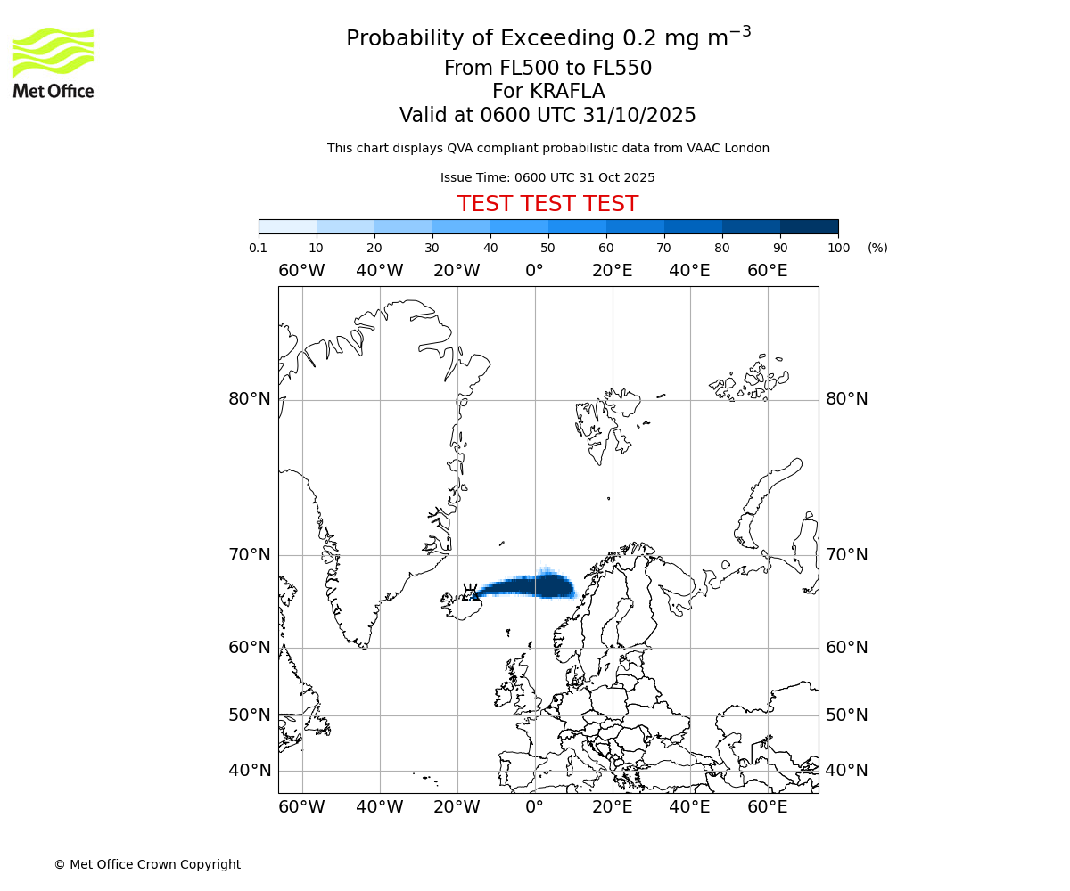 Probability of exceeding 0.2 milligrams per metre cubed. From 500 to 550 for KRAFLA. Valid at 0600 UTC 31/10/2025