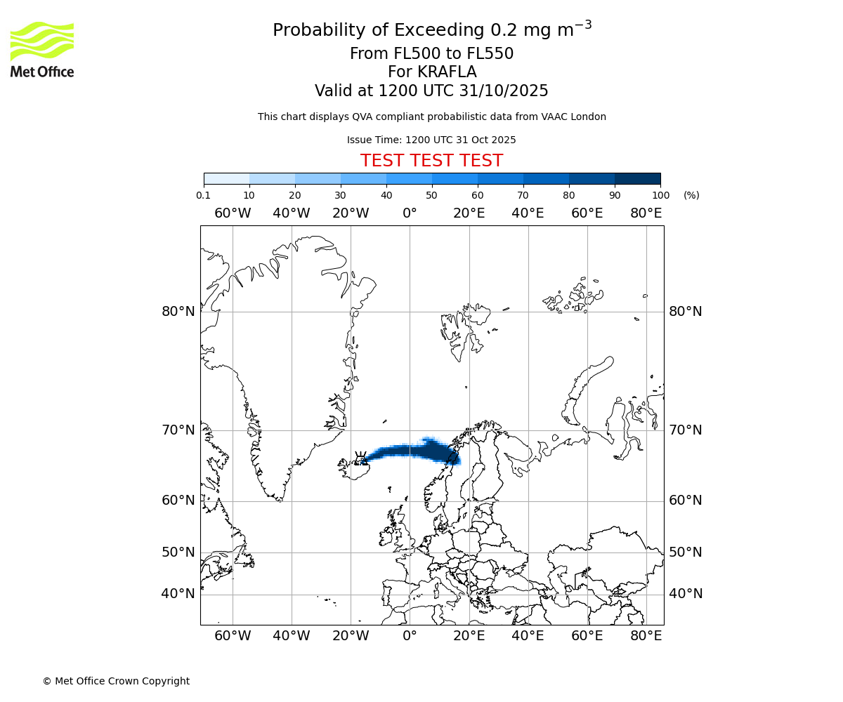 Probability of exceeding 0.2 milligrams per metre cubed. From 500 to 550 for KRAFLA. Valid at 1200 UTC 31/10/2025