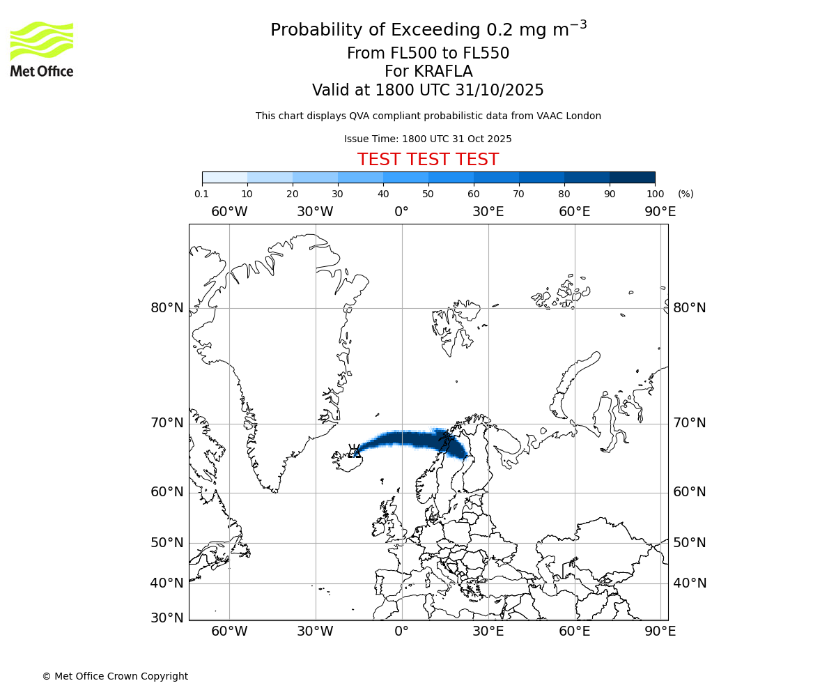 Probability of exceeding 0.2 milligrams per metre cubed. From 500 to 550 for KRAFLA. Valid at 1800 UTC 31/10/2025