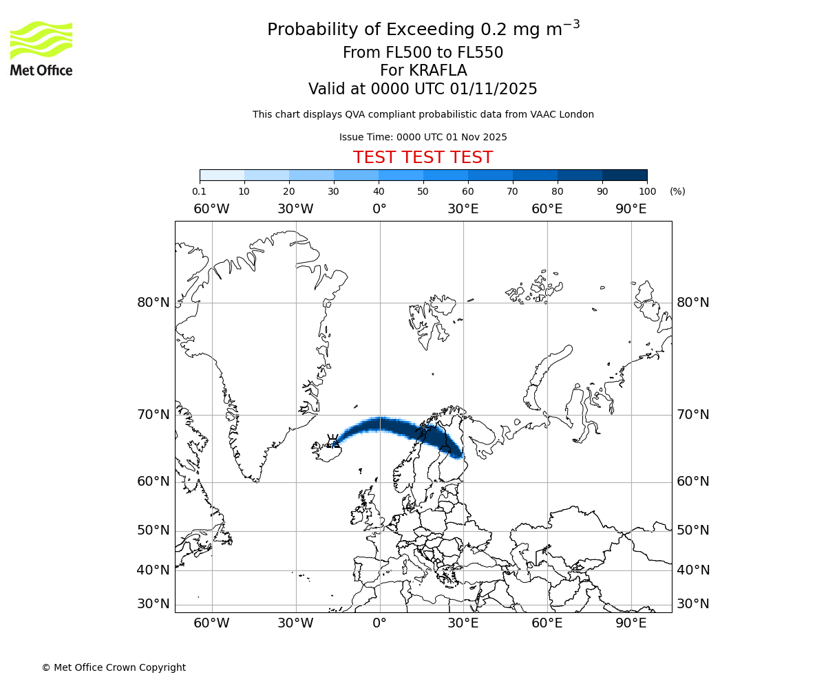 Probability of exceeding 0.2 milligrams per metre cubed. From 500 to 550 for KRAFLA. Valid at 0000 UTC 01/11/2025