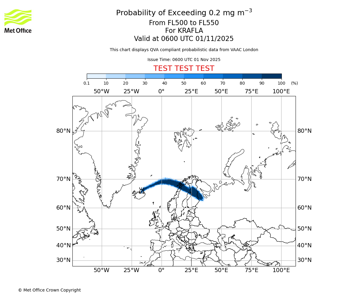 Probability of exceeding 0.2 milligrams per metre cubed. From 500 to 550 for KRAFLA. Valid at 0600 UTC 01/11/2025