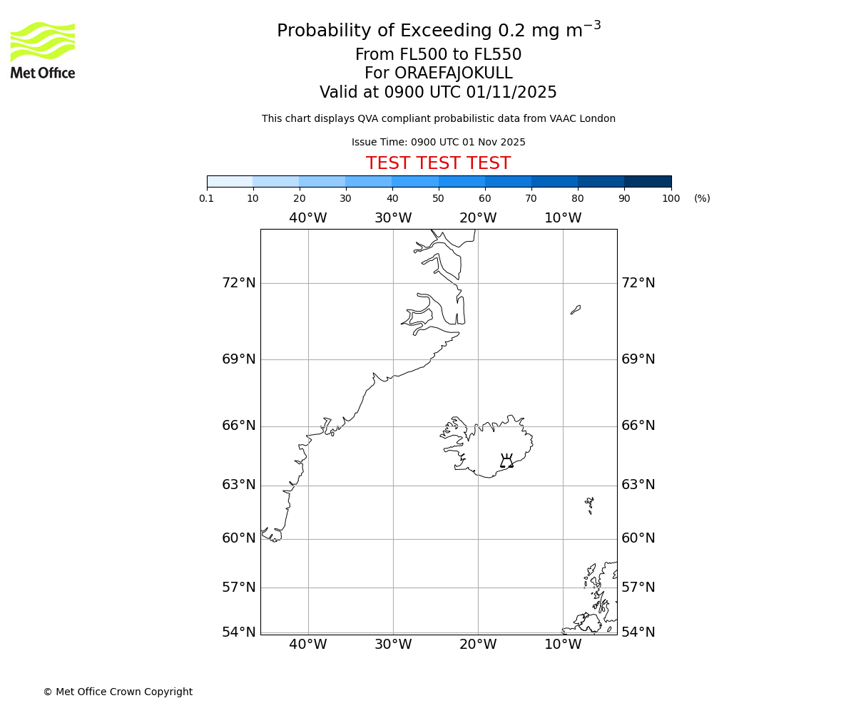 Probability of exceeding 0.2 milligrams per metre cubed. From 500 to 550 for ORAEFAJOKULL. Valid at 0900 UTC 01/11/2025