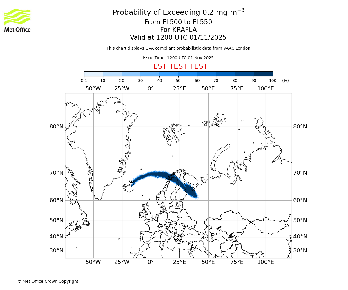 Probability of exceeding 0.2 milligrams per metre cubed. From 500 to 550 for KRAFLA. Valid at 1200 UTC 01/11/2025