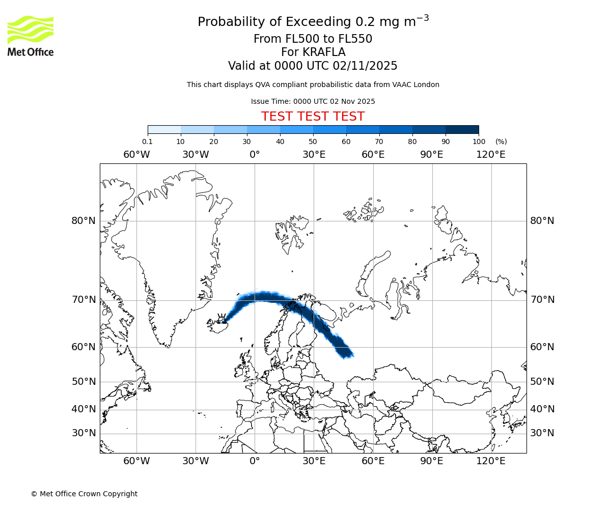 Probability of exceeding 0.2 milligrams per metre cubed. From 500 to 550 for KRAFLA. Valid at 0000 UTC 02/11/2025