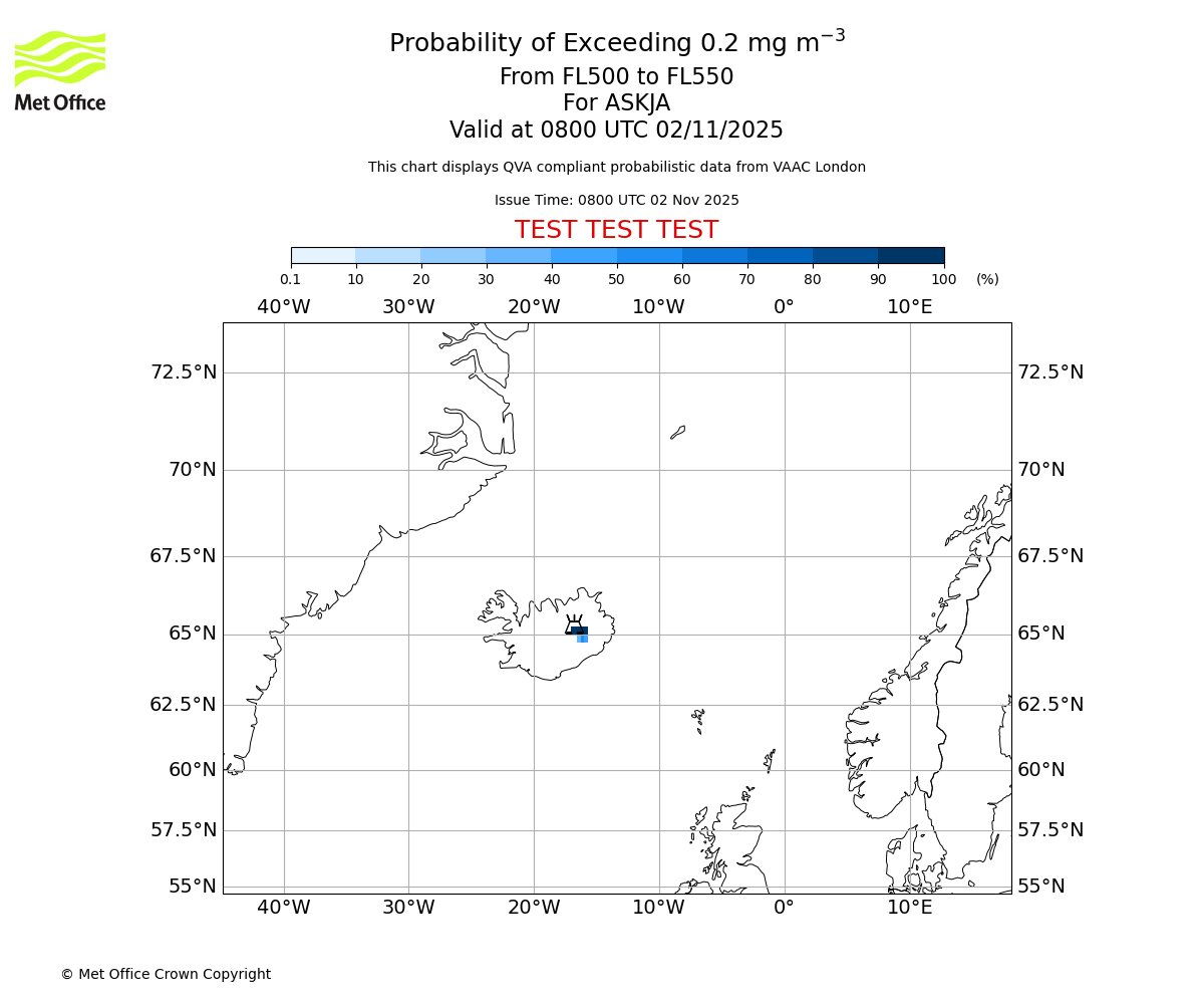 Probability of exceeding 0.2 milligrams per metre cubed. From 500 to 550 for ASKJA. Valid at 0800 UTC 02/11/2025