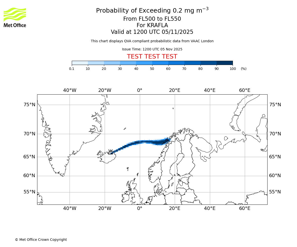 Probability of exceeding 0.2 milligrams per metre cubed. From 500 to 550 for KRAFLA. Valid at 1200 UTC 05/11/2025