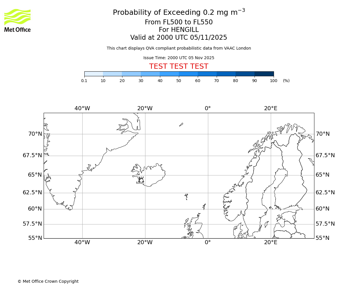 Probability of exceeding 0.2 milligrams per metre cubed. From 500 to 550 for HENGILL. Valid at 2000 UTC 05/11/2025