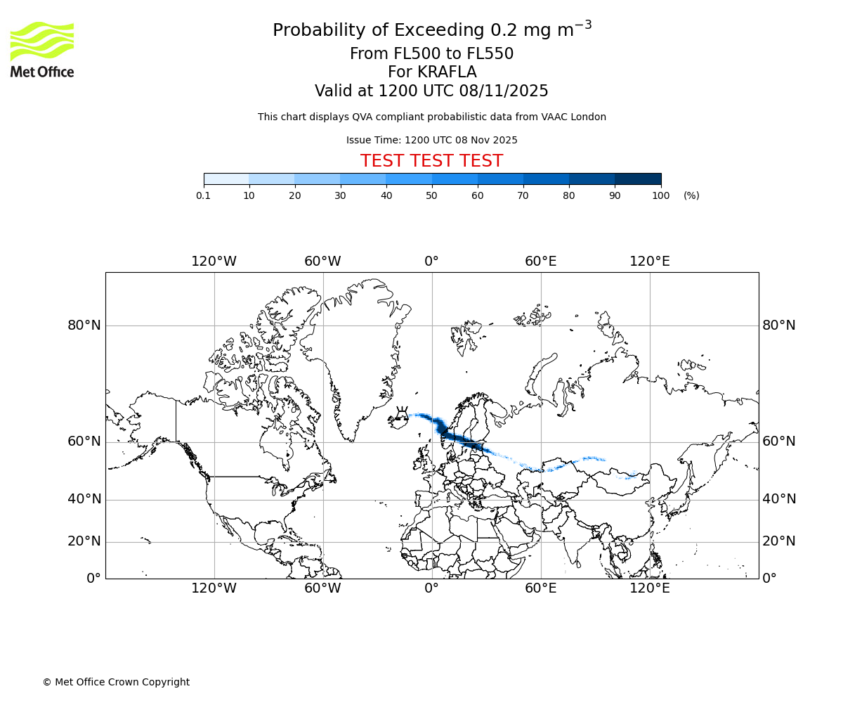 Probability of exceeding 0.2 milligrams per metre cubed. From 500 to 550 for KRAFLA. Valid at 1200 UTC 08/11/2025
