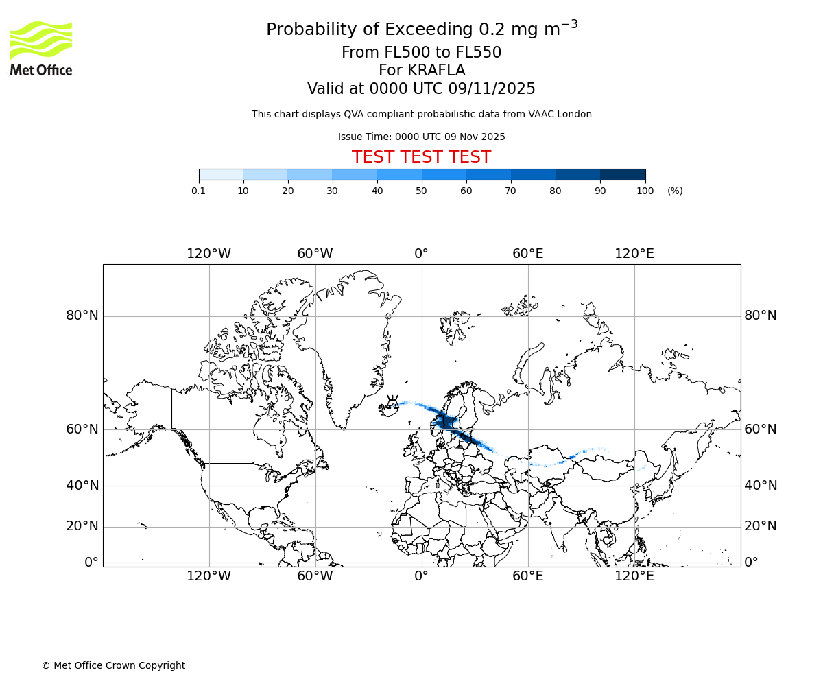 Probability of exceeding 0.2 milligrams per metre cubed. From 500 to 550 for KRAFLA. Valid at 0000 UTC 09/11/2025