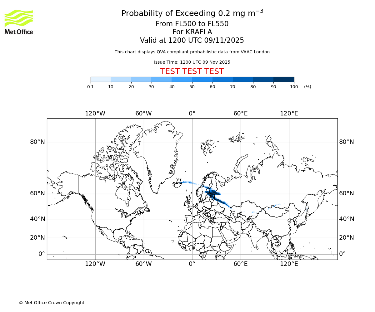 Probability of exceeding 0.2 milligrams per metre cubed. From 500 to 550 for KRAFLA. Valid at 1200 UTC 09/11/2025