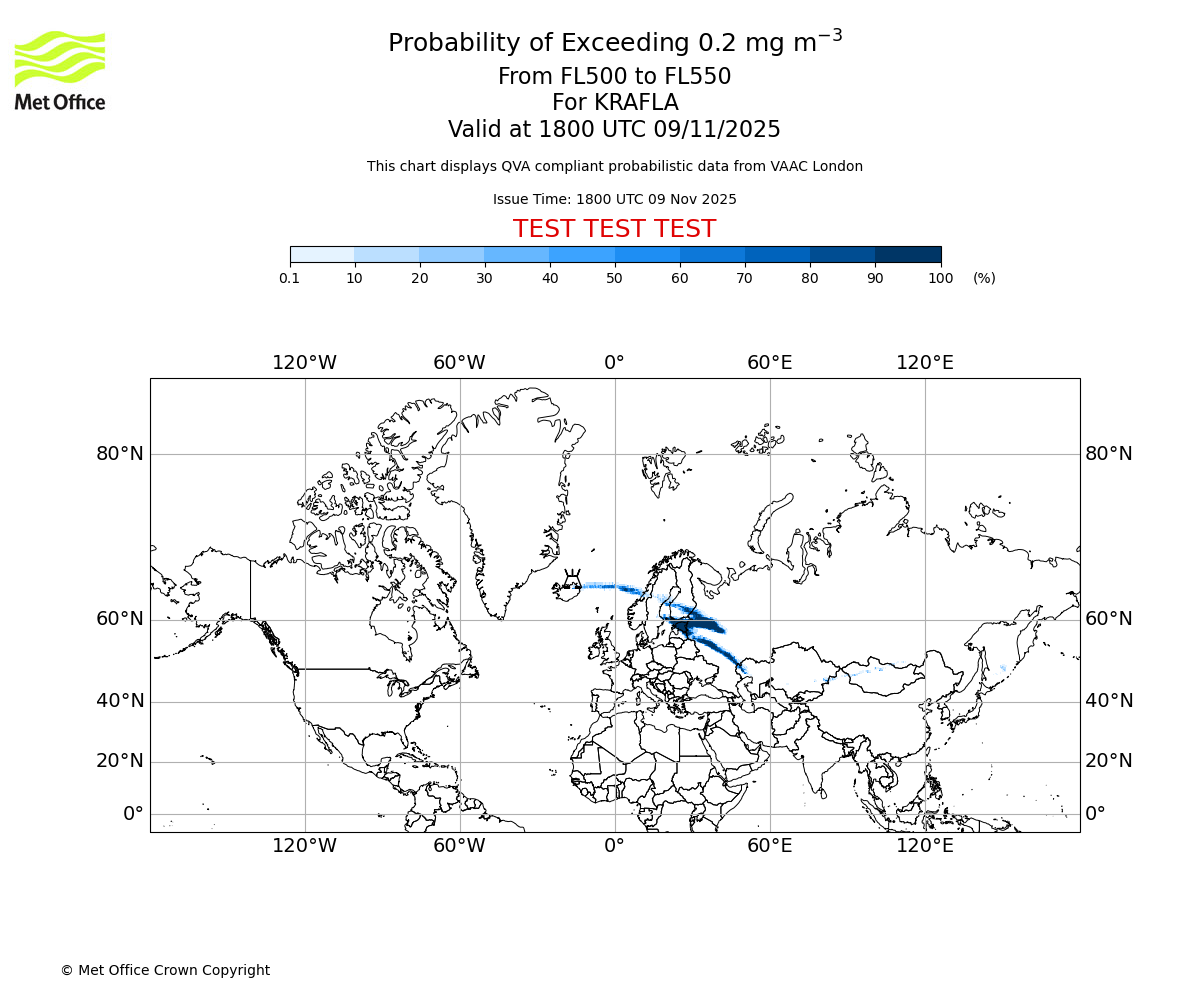 Probability of exceeding 0.2 milligrams per metre cubed. From 500 to 550 for KRAFLA. Valid at 1800 UTC 09/11/2025