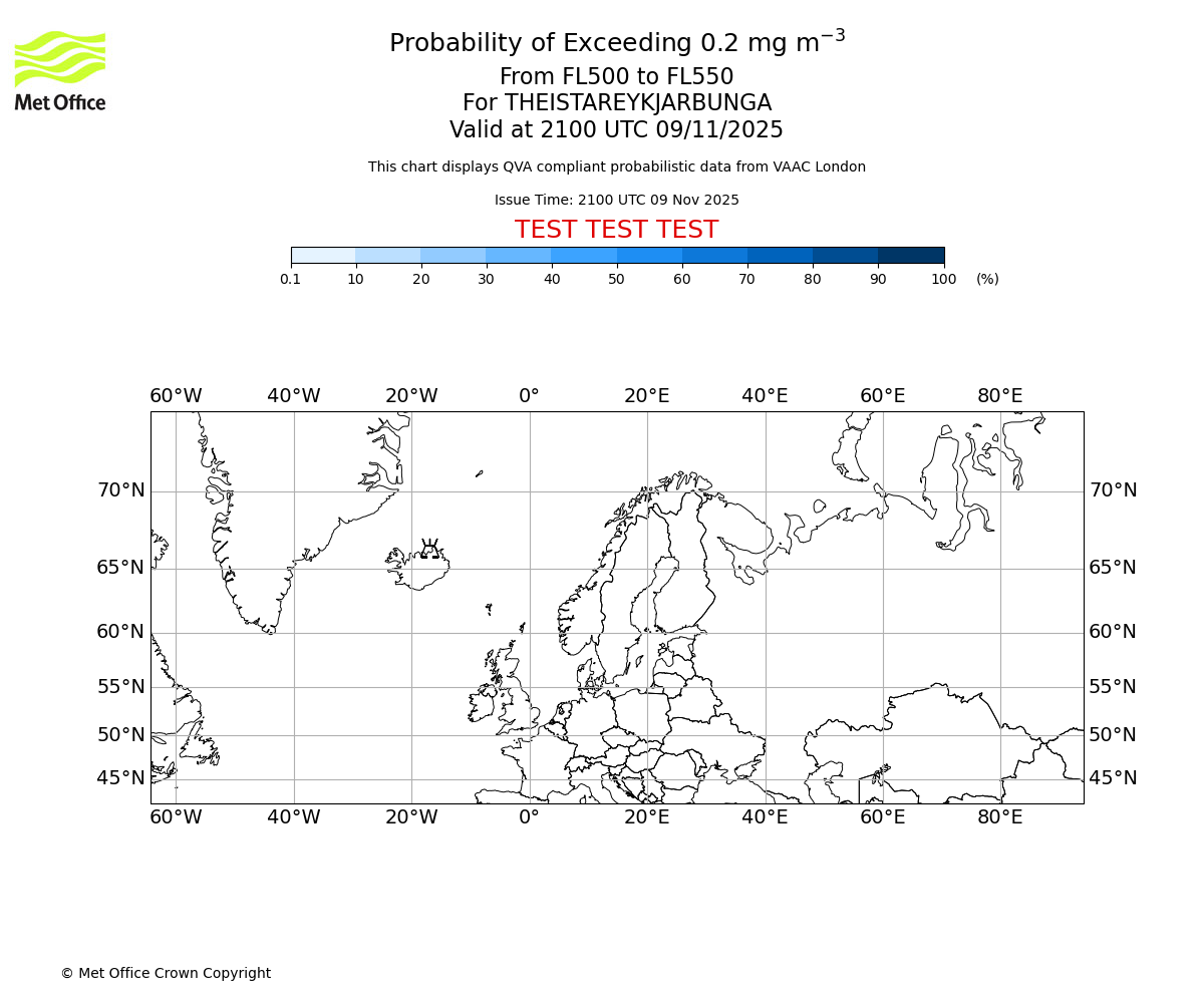 Probability of exceeding 0.2 milligrams per metre cubed. From 500 to 550 for THEISTAREYKJARBUNGA. Valid at 2100 UTC 09/11/2025