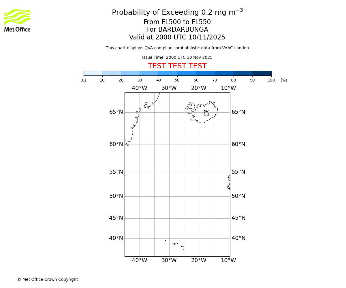 Probability of exceeding 0.2 milligrams per metre cubed. From 500 to 550 for BARDARBUNGA. Valid at 2000 UTC 10/11/2025