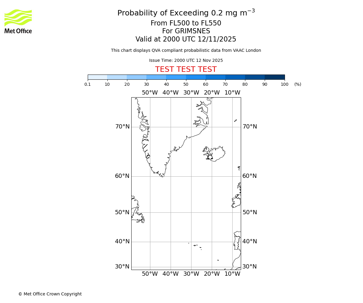 Probability of exceeding 0.2 milligrams per metre cubed. From 500 to 550 for GRIMSNES. Valid at 2000 UTC 12/11/2025