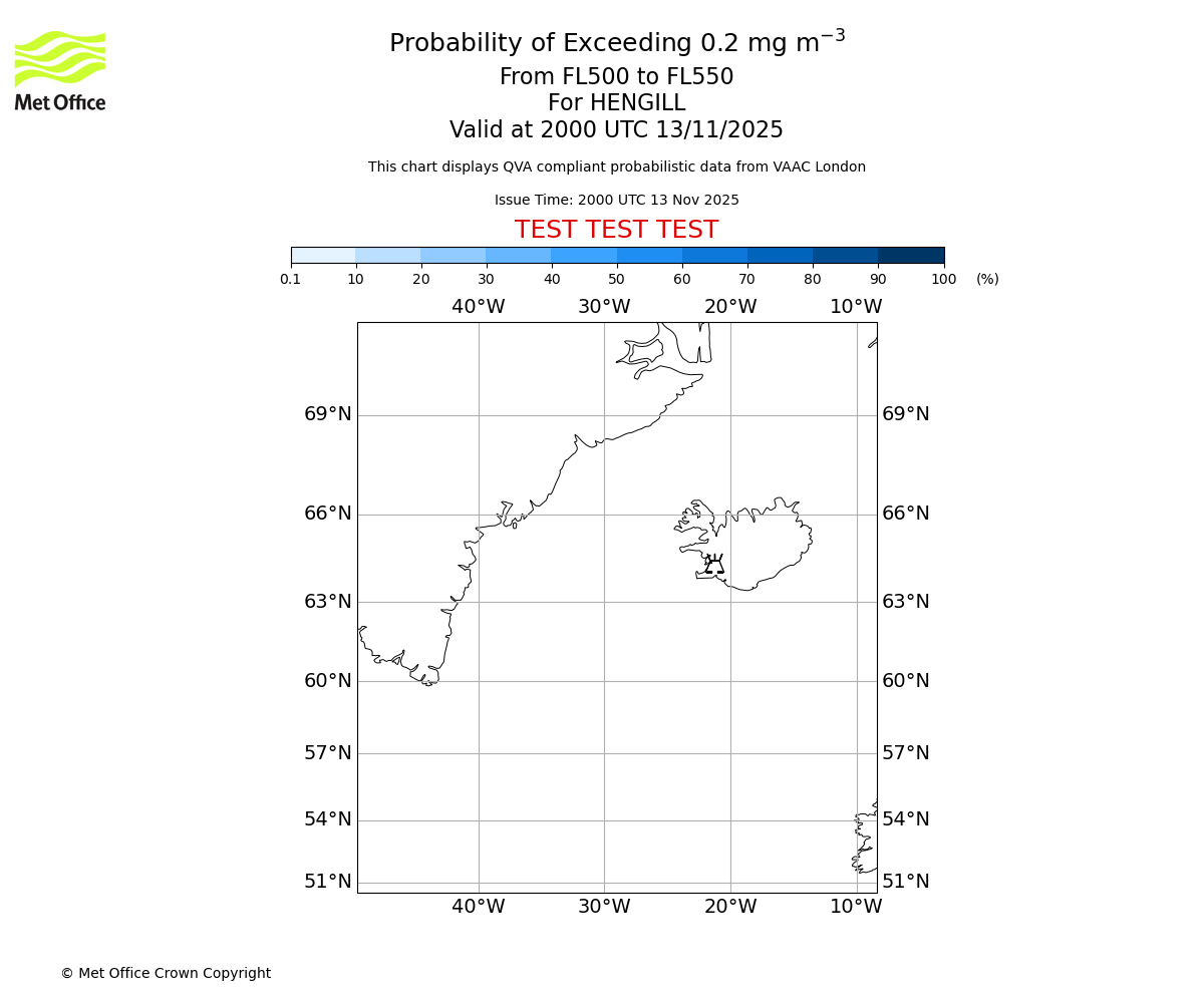 Probability of exceeding 0.2 milligrams per metre cubed. From 500 to 550 for HENGILL. Valid at 2000 UTC 13/11/2025
