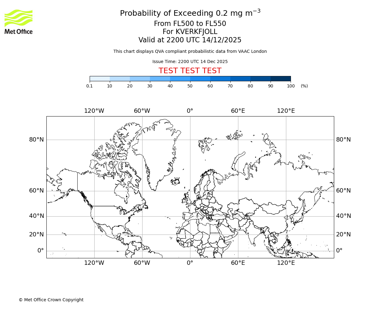 Probability of exceeding 0.2 milligrams per metre cubed. From 500 to 550 for KVERKFJOLL. Valid at 2200 UTC 14/12/2025