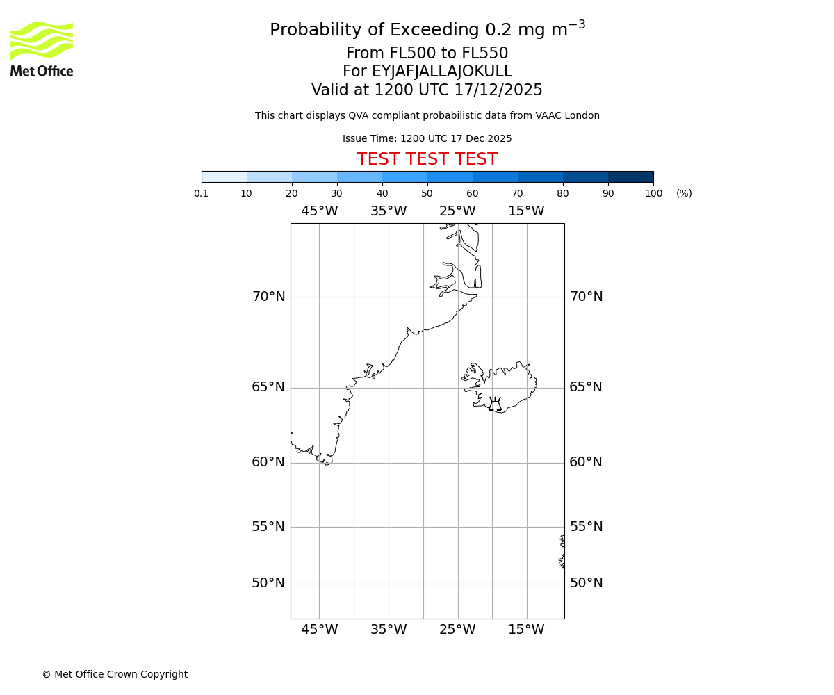 Probability of exceeding 0.2 milligrams per metre cubed. From 500 to 550 for EYJAFJALLAJOKULL. Valid at 1200 UTC 17/12/2025