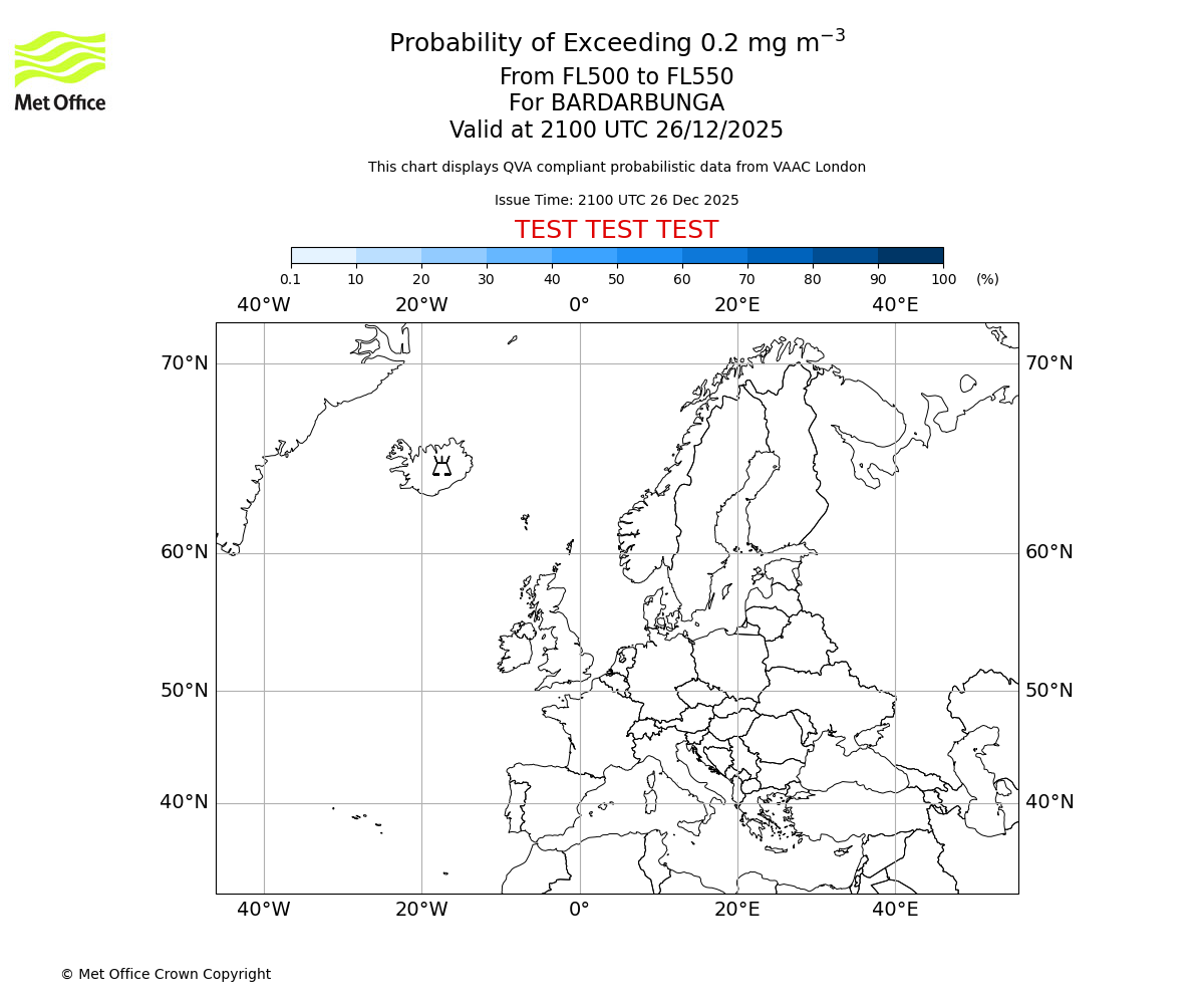 Probability of exceeding 0.2 milligrams per metre cubed. From 500 to 550 for BARDARBUNGA. Valid at 2100 UTC 26/12/2025