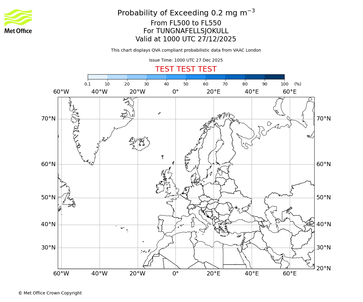 Probability of exceeding 0.2 milligrams per metre cubed. From 500 to 550 for TUNGNAFELLSJOKULL. Valid at 1000 UTC 27/12/2025