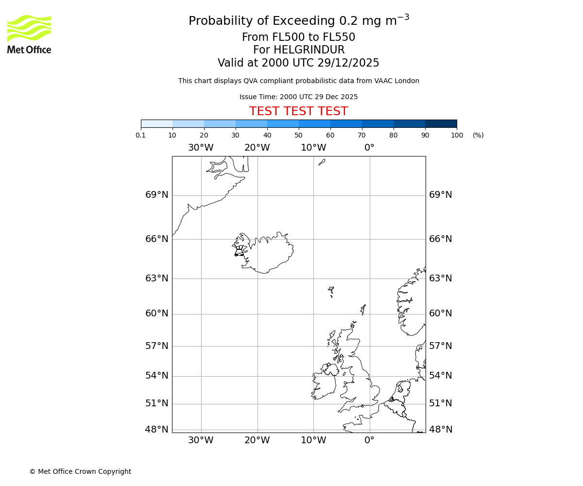 Probability of exceeding 0.2 milligrams per metre cubed. From 500 to 550 for HELGRINDUR. Valid at 2000 UTC 29/12/2025