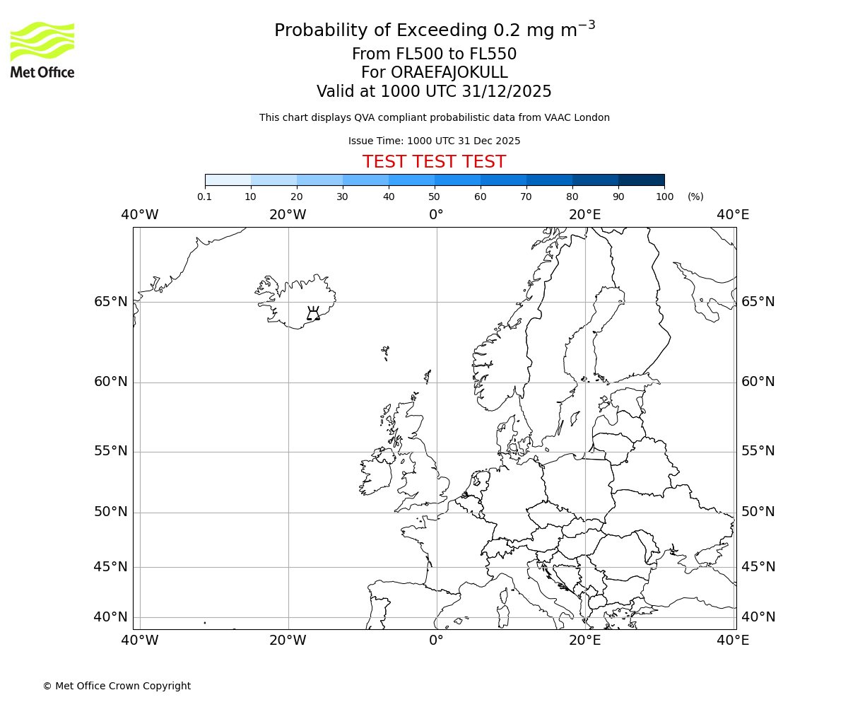 Probability of exceeding 0.2 milligrams per metre cubed. From 500 to 550 for ORAEFAJOKULL. Valid at 1000 UTC 31/12/2025