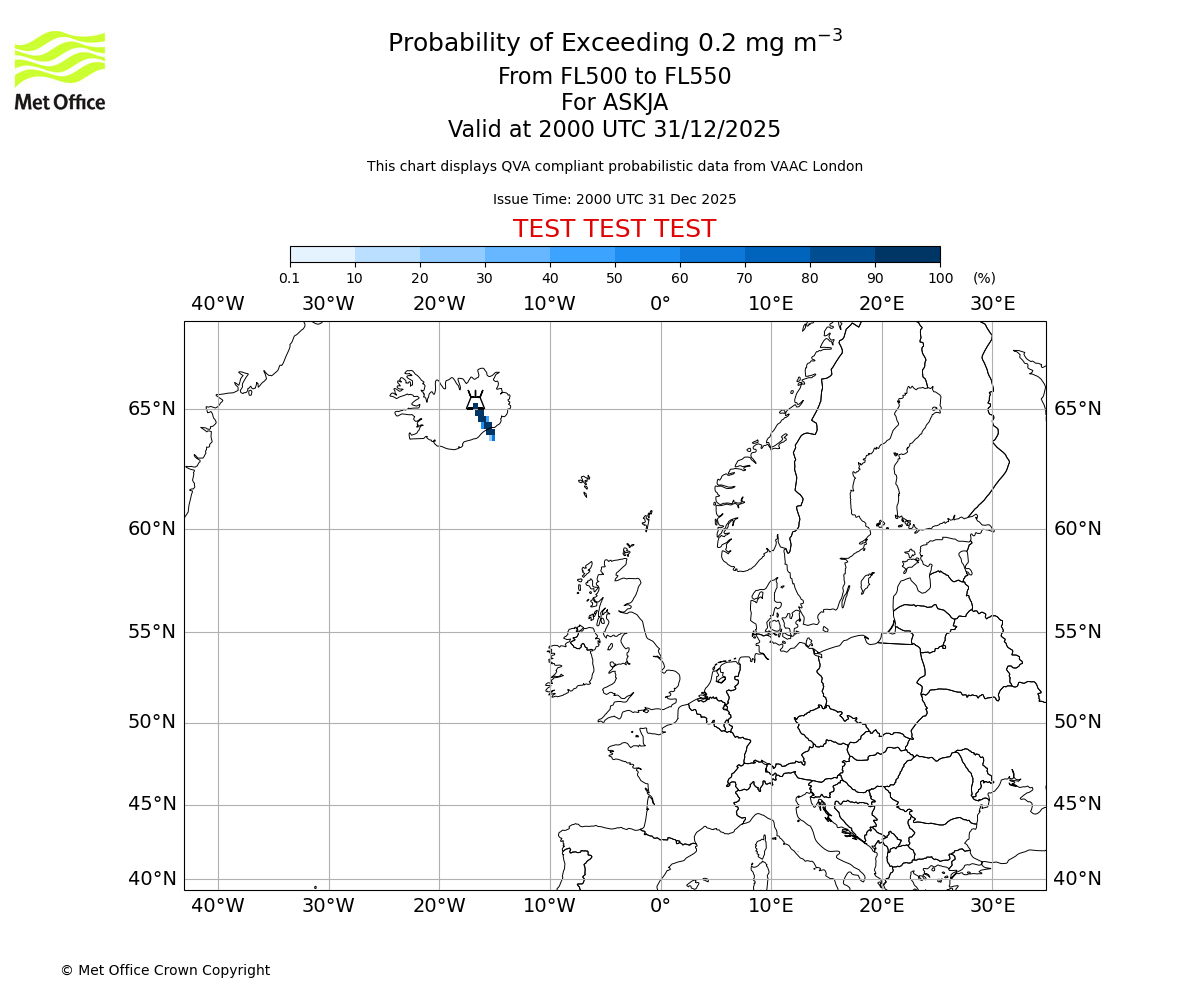 Probability of exceeding 0.2 milligrams per metre cubed. From 500 to 550 for ASKJA. Valid at 2000 UTC 31/12/2025