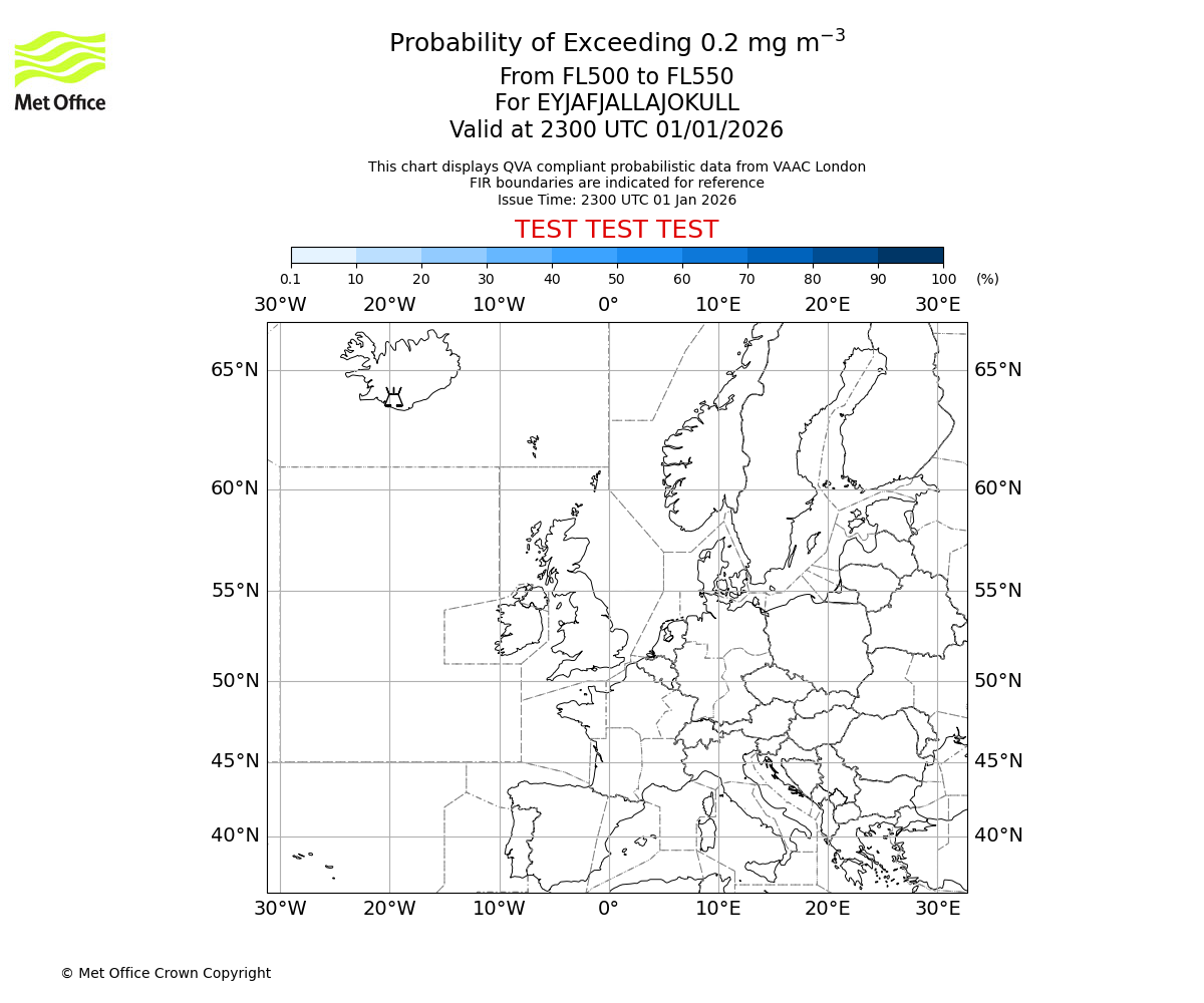 Probability of exceeding 0.2 milligrams per metre cubed. From 500 to 550 for EYJAFJALLAJOKULL. Valid at 2300 UTC 01/01/2026