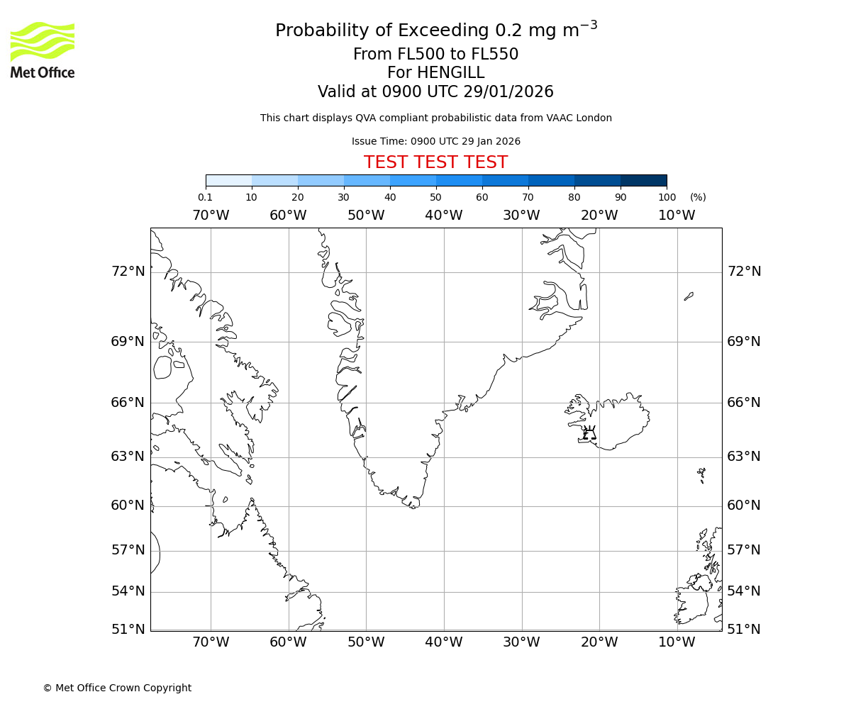 Probability of exceeding 0.2 milligrams per metre cubed. From 500 to 550 for HENGILL. Valid at 0900 UTC 29/01/2026