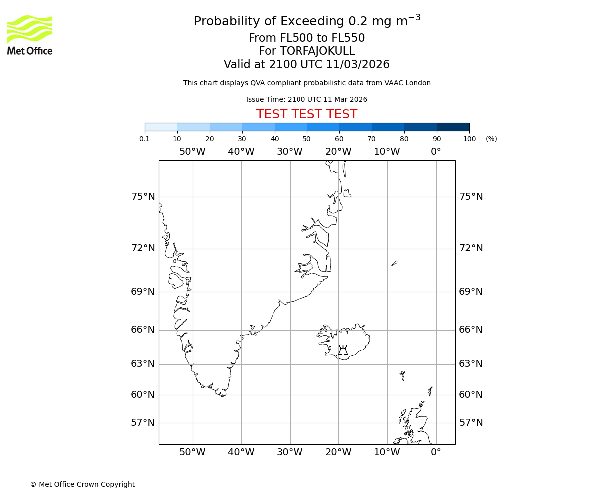 Probability of exceeding 0.2 milligrams per metre cubed. From 500 to 550 for TORFAJOKULL. Valid at 2100 UTC 11/03/2026